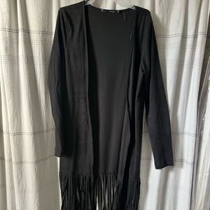 Black faux suede fringe cardigan